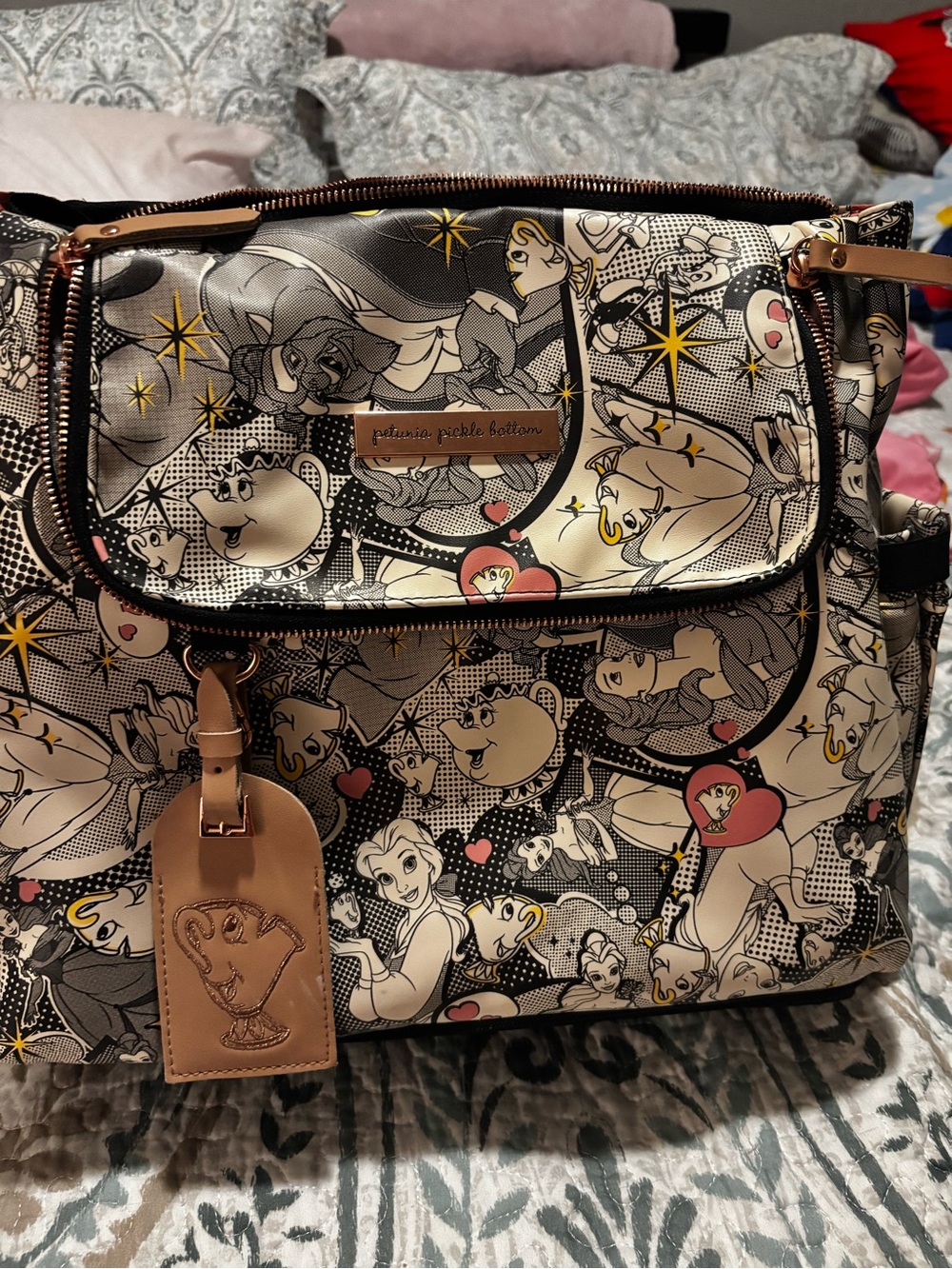 Petunia Pickle Bottom Black, White & Gold Character Print Diaper Bag